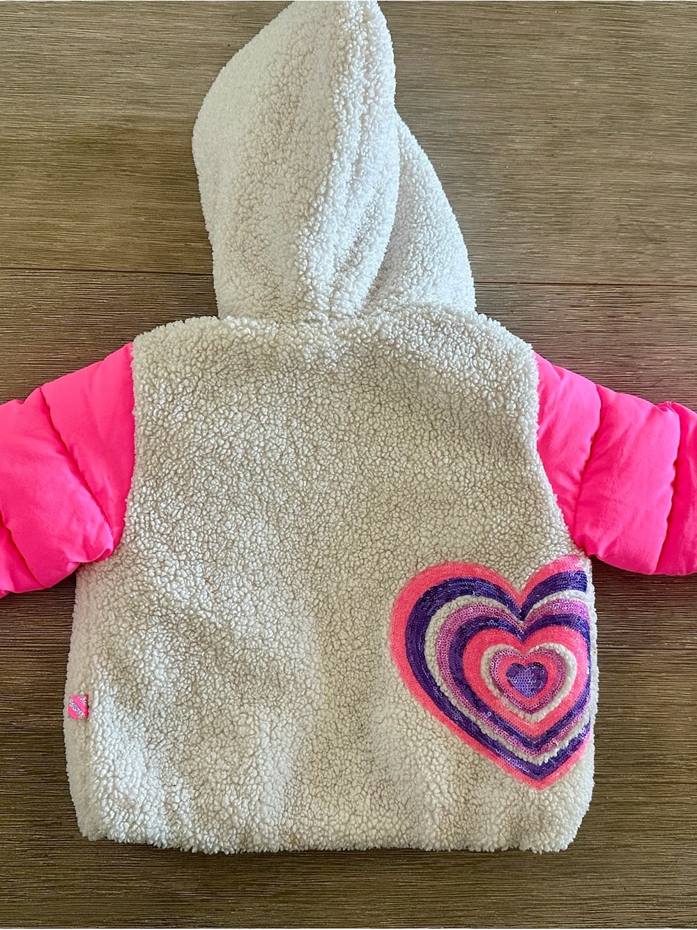 Kids Sherpa Hooded Puffer Jacket with Pink Sleeves and Heart Patch